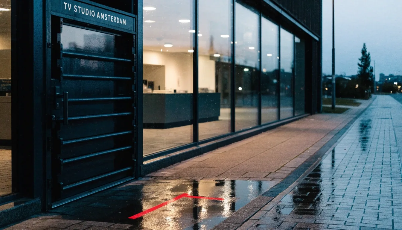 Stille ingang van het studiogebouw met een dichte deur en lege balie aan het einde van de werkdag