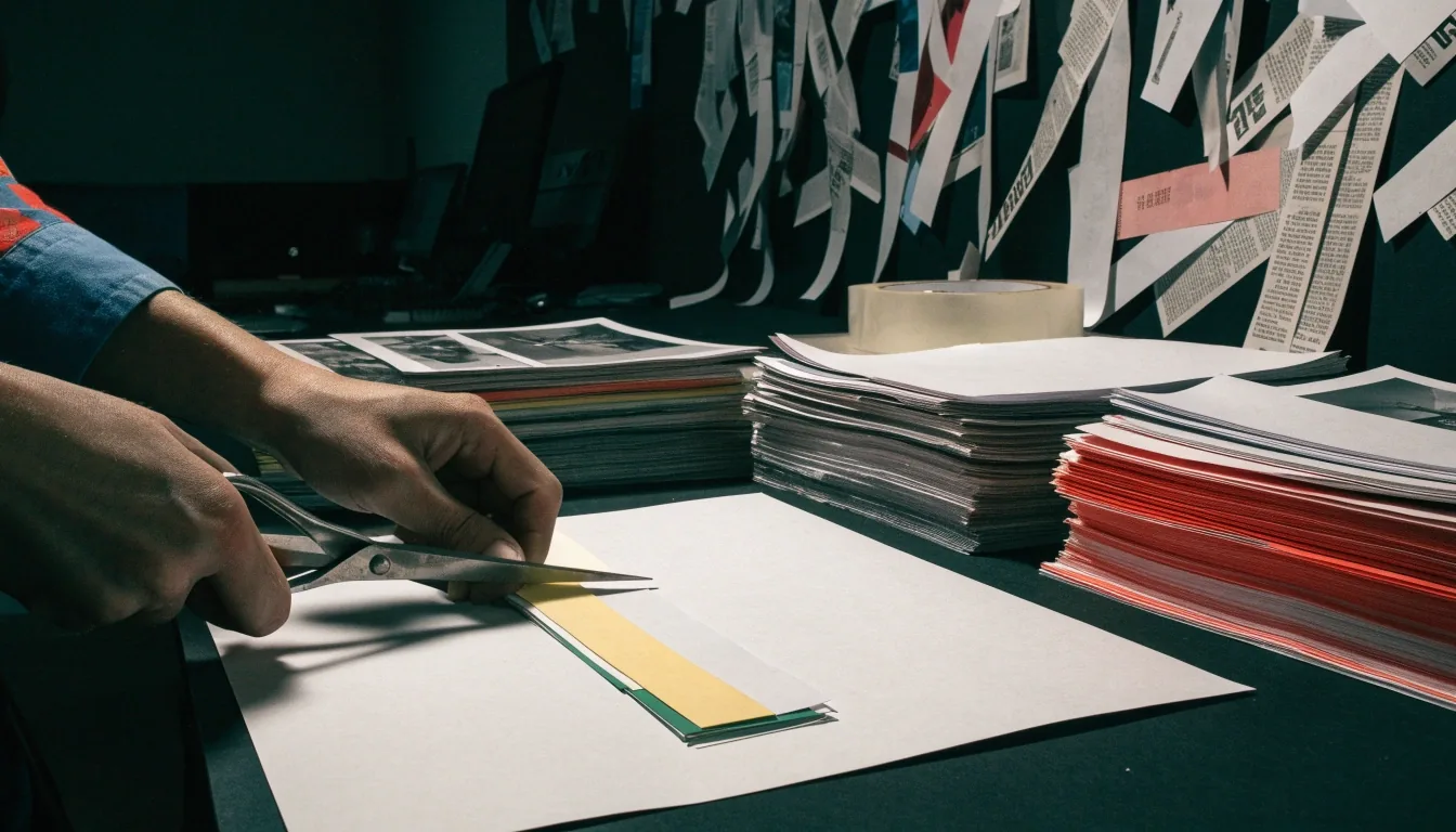 Papiermuur met opgeplakte vellen op de redactievloer van een Nederlandse televisiestudio