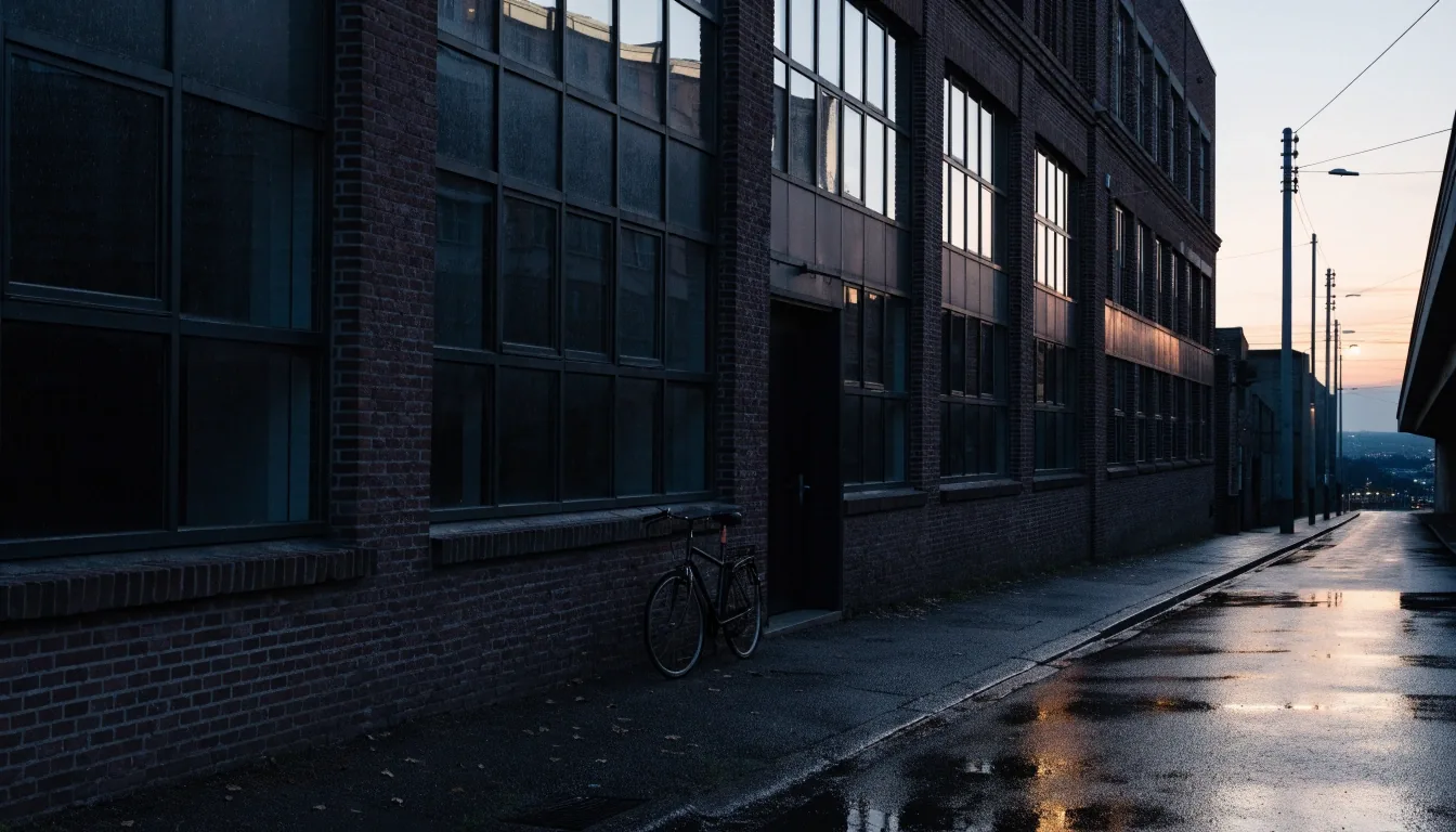 Buitenkant van het studiogebouw in de schemering