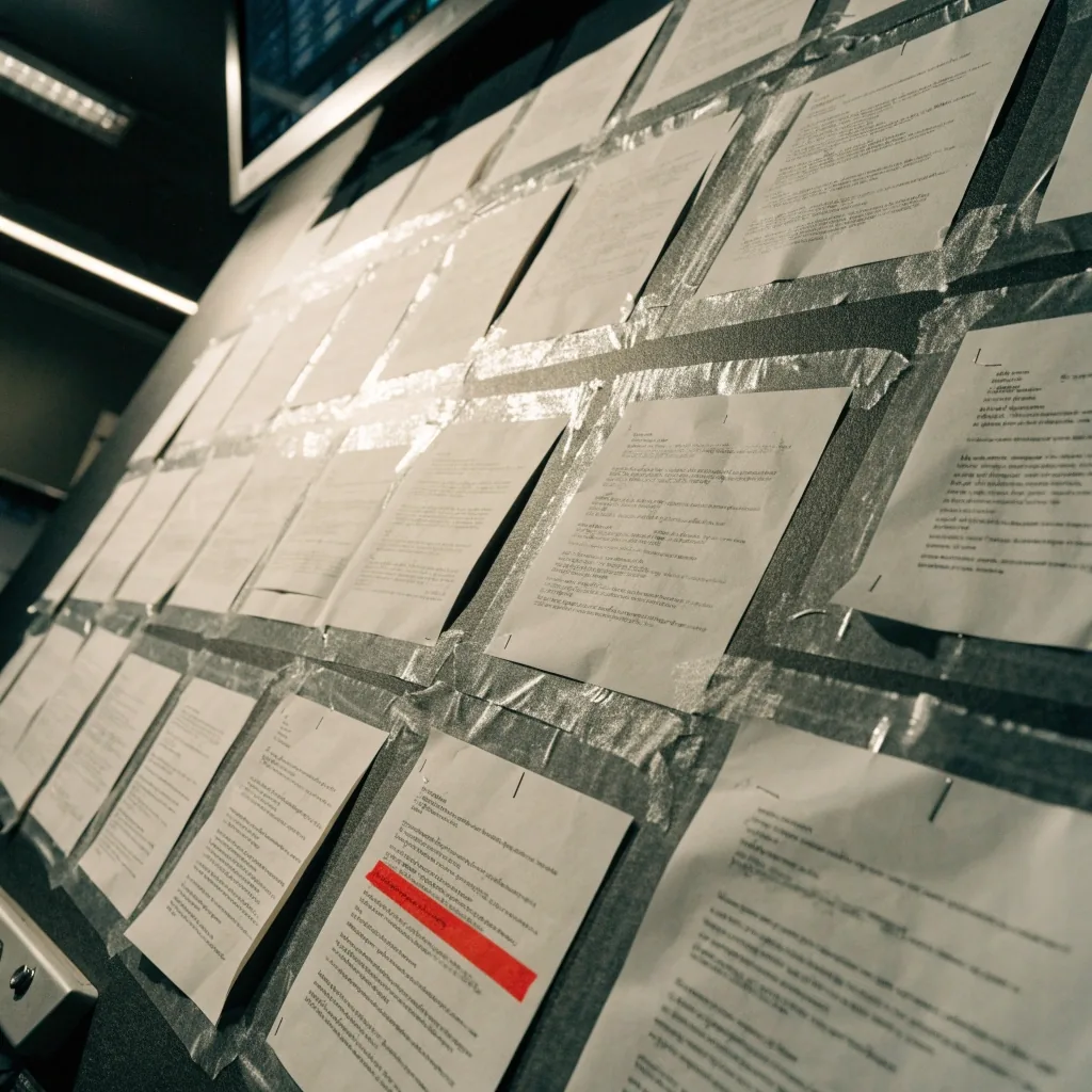 Close-up van fotokopieerpapier met tape en nietjes op een donkere muur